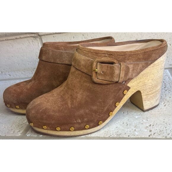 Veronica Beard Dacey Heeled Slip On Clogs Brown Suede Clogs Gold Accents Sz 11 - Picture 14 of 15